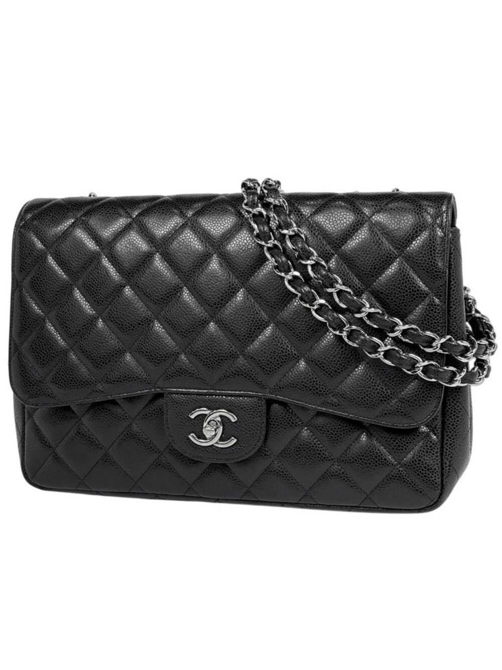 Chanel Big Quilted Shoulder Bag CC Logo Single Flap Chain Caviar Leather Black